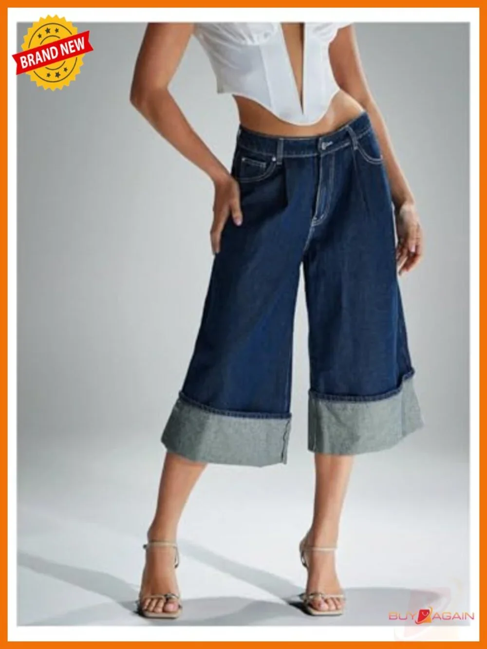 Wide Leg Low Rise Bermuda Denim Shorts Pleated Cuffed Hem Casual Jean Shorts